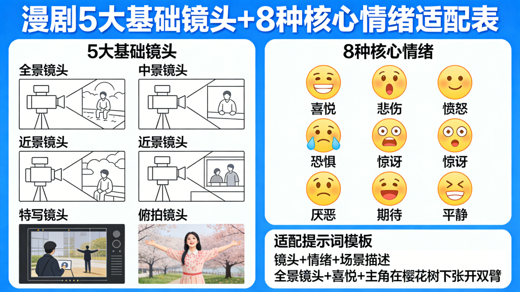 漫剧5大基础镜头 + 8种核心情绪｜精准Prompt模板表-申越AIGC-AIGC工作流商店|AI漫剧|AI提示词大全|AI创作课程